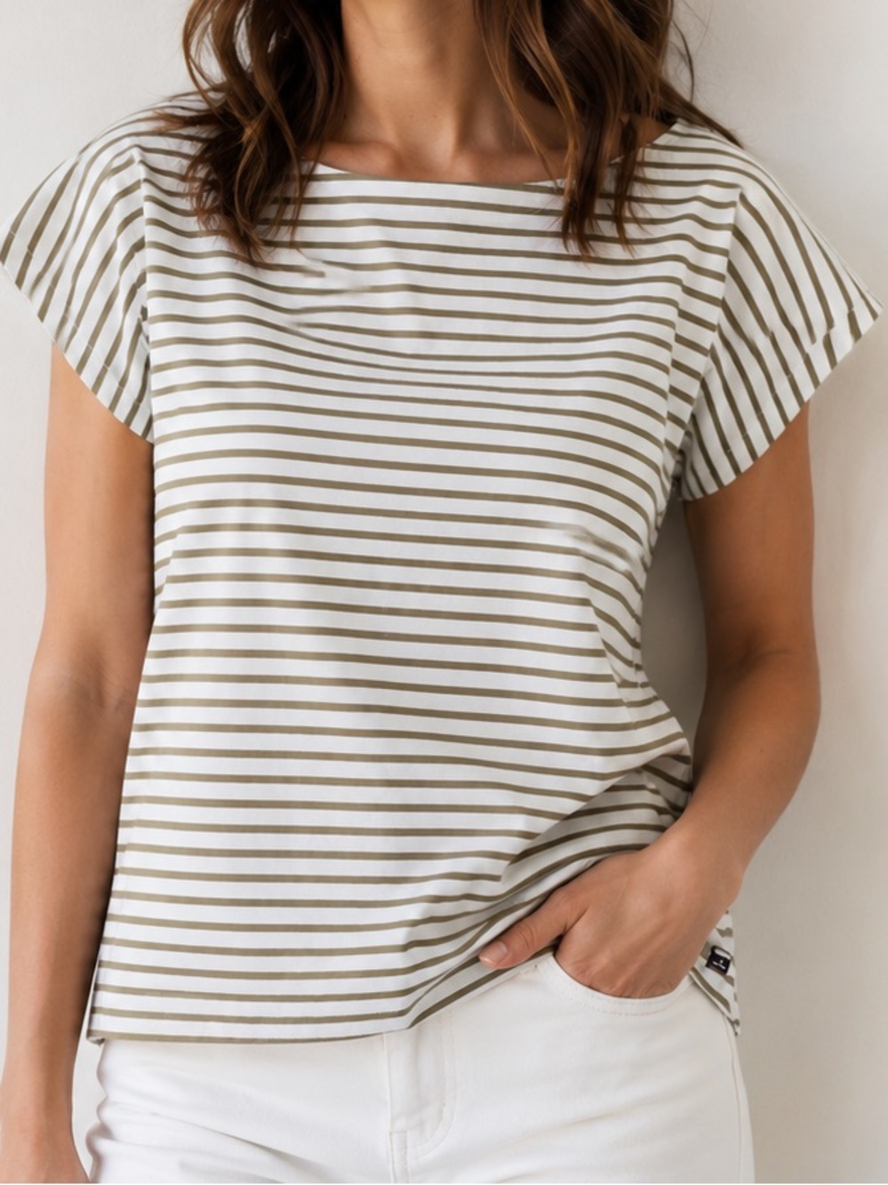 Helly Hansen Beige White Stripe Nautical Boatneck Short Sleeve Top, Small